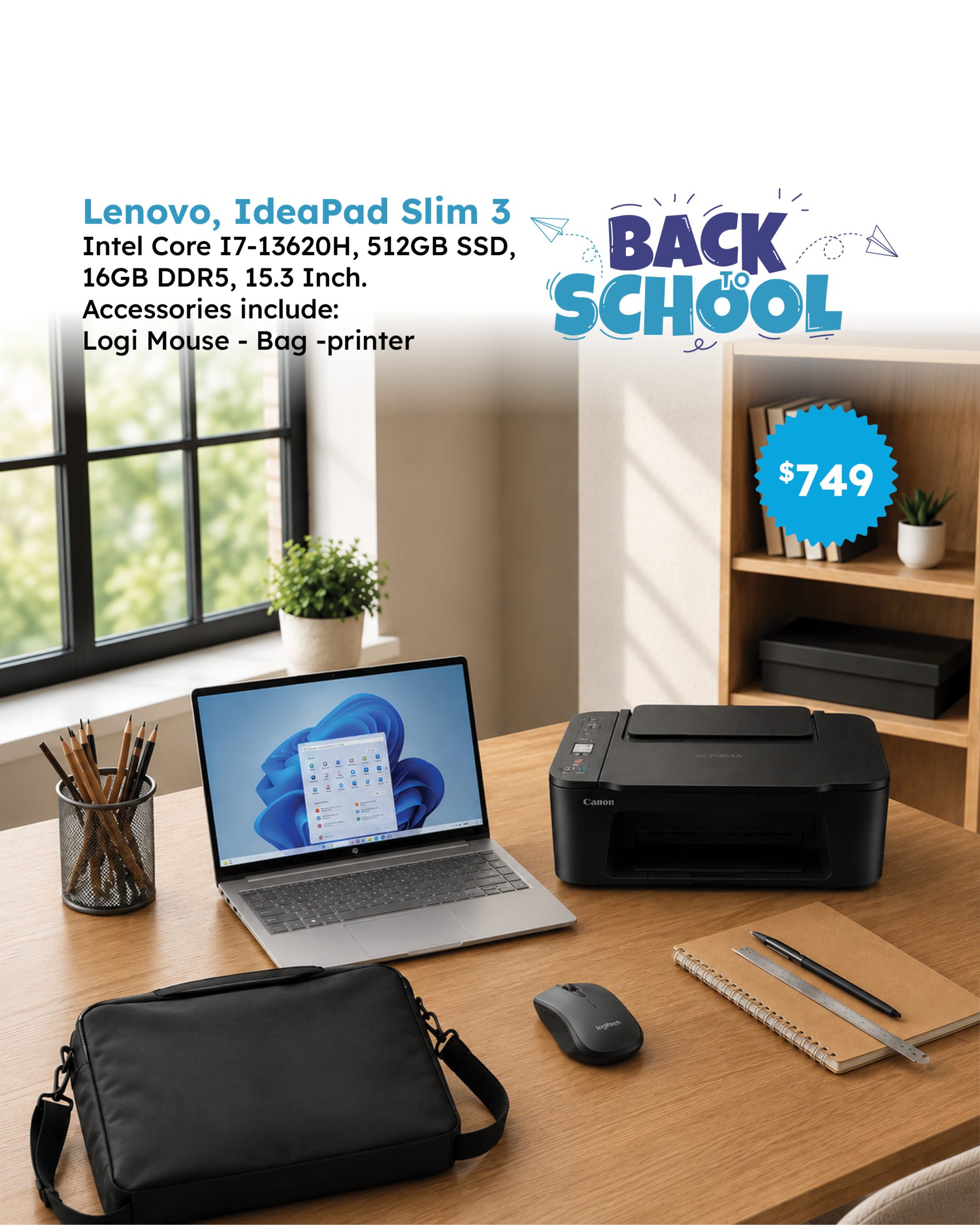 Lenovo IdeaPad Slim3,Core I7-13620H, 512GB, 16GB DDR5, Mouse, Bag, Printer