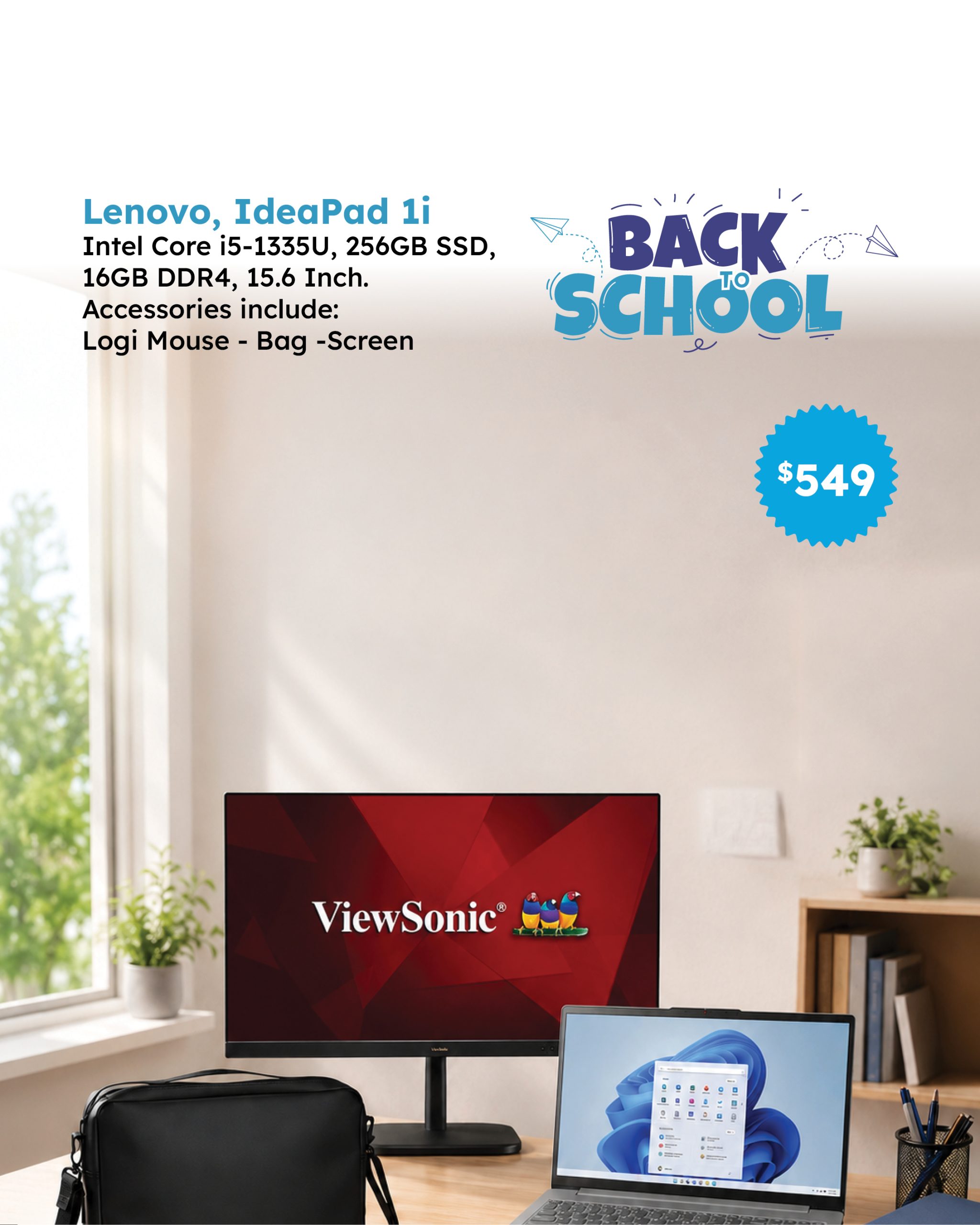 Lenovo IdeaPad 1i, Core i5-1335U, 256GB, 16GB DDR4, Mouse, Bag, Monitor