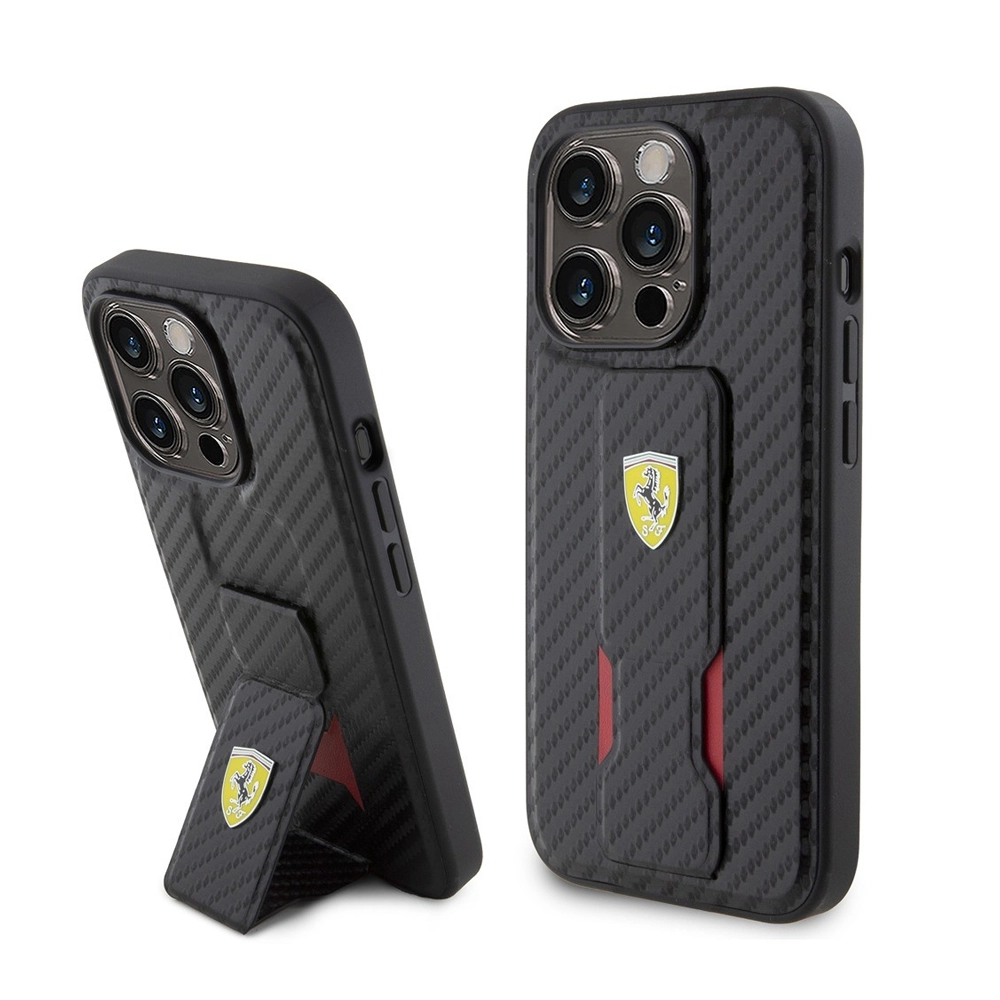 Ferrari Grip Stand Carbon Case for iPhone 15 Pro Max - Black
