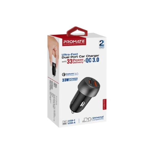 Promate DriveGear 33CC Car Charger 33W | Dual Port Fast Charging, USB-C & USB-A, Compact Design