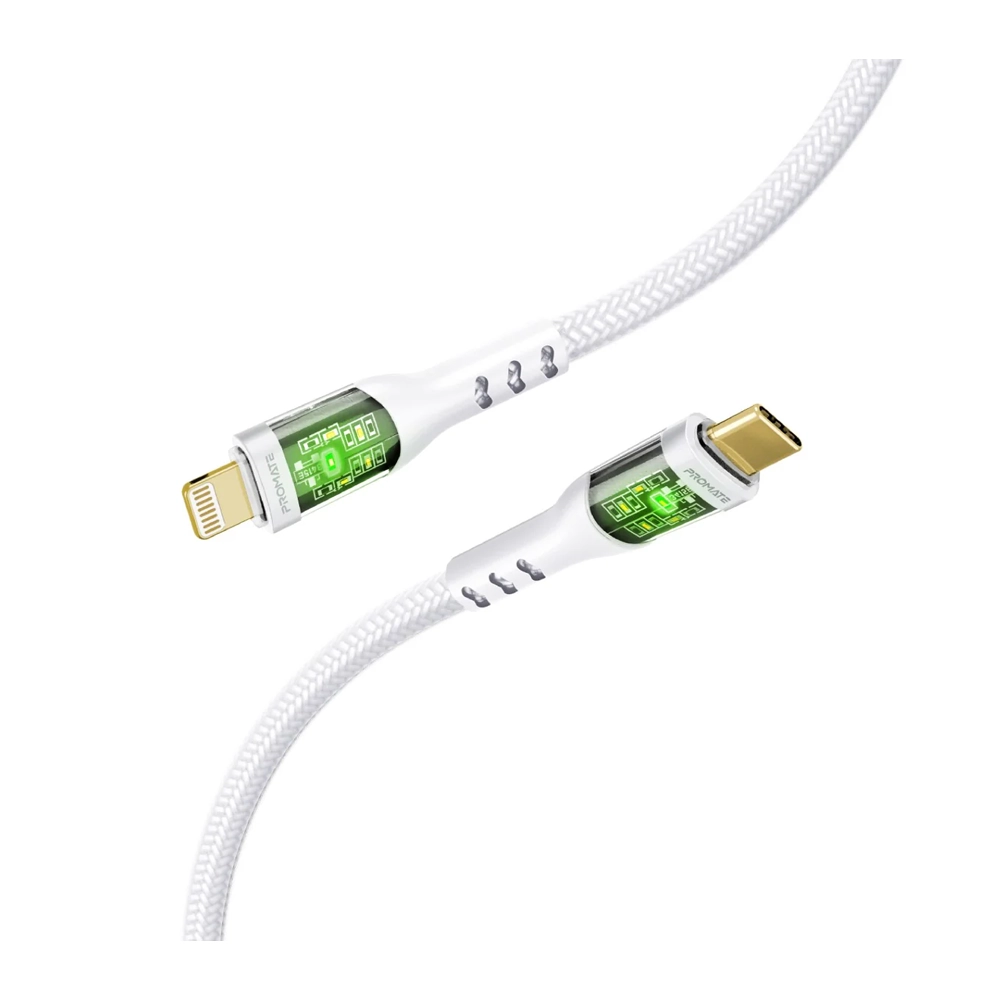Promate 27W USB-C to Lightning Cable - Transparent Shells, White