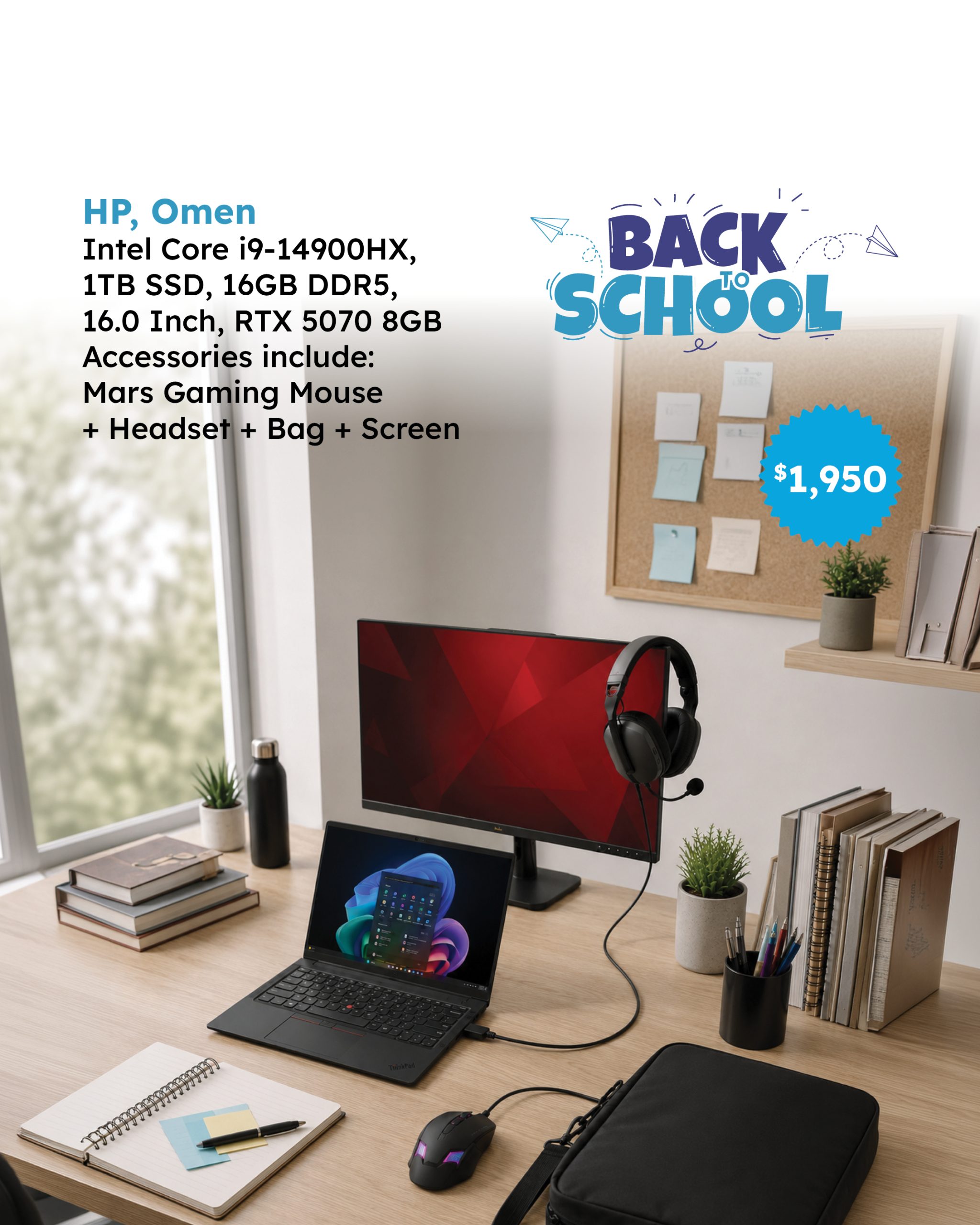 HP, Omen 16-AM0005NE,Core i9‑14900HX, 1TB, 16GB DDR5, 16.0, RTX 5070 8GB, Gaming Mouse, Headset, Bag, Monitor