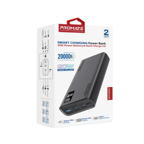 Promate BOLT-20PD Power Bank 20000mAh | 20W Fast Charging, Dual USB-C, Compact Smart Power Bank