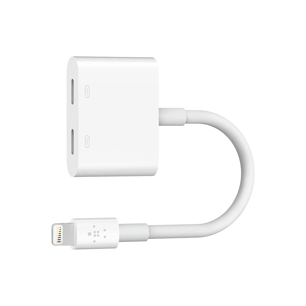 Belkin Lightning Splitter - 1 Lightning Male to 2 Female, Audio + Charge, 4 Inches, White