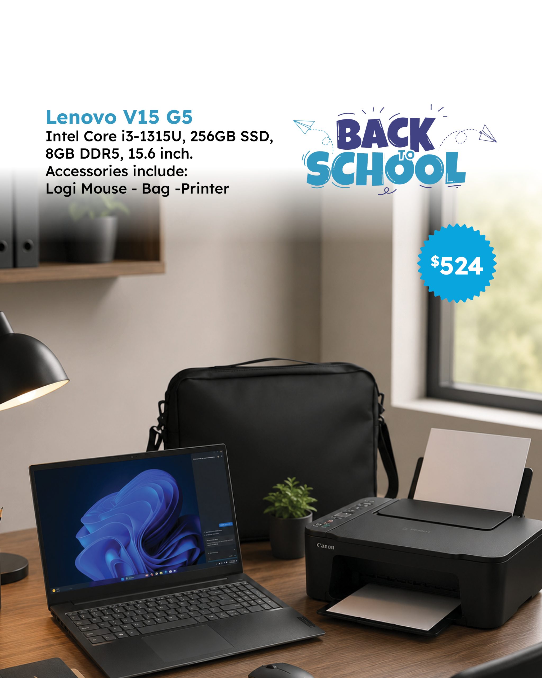Lenovo v15, Core I3-1315U, 256GB, 8GB, 15.6, Mouse, Bag, Printer