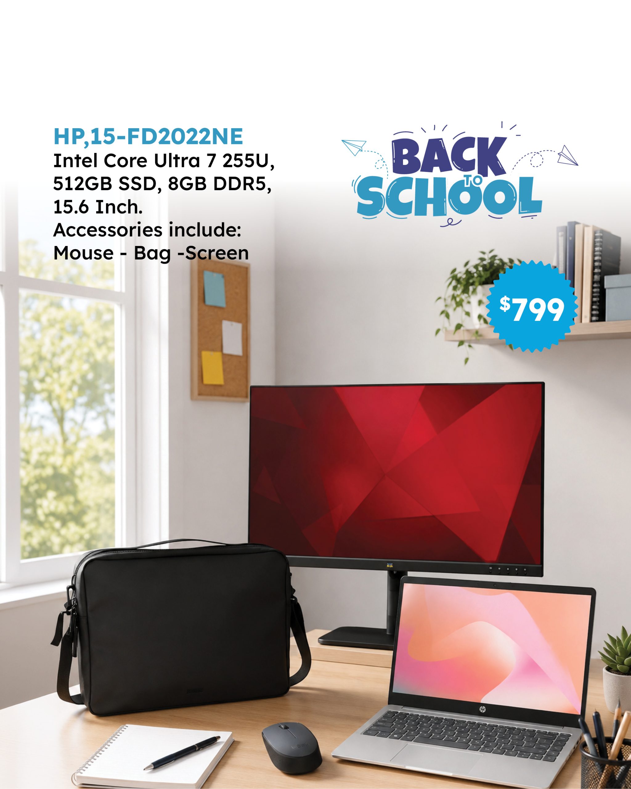 HP, 15-FD2022ne, Ultra 7 255U, 512GB, 8GB DDR5, 15.6, Mouse, Bag, Monitor